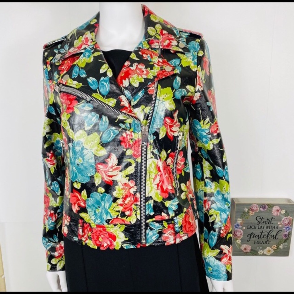 Walter Baker Lambskin Leather Floral Moto Jacket. - Picture 2 of 8